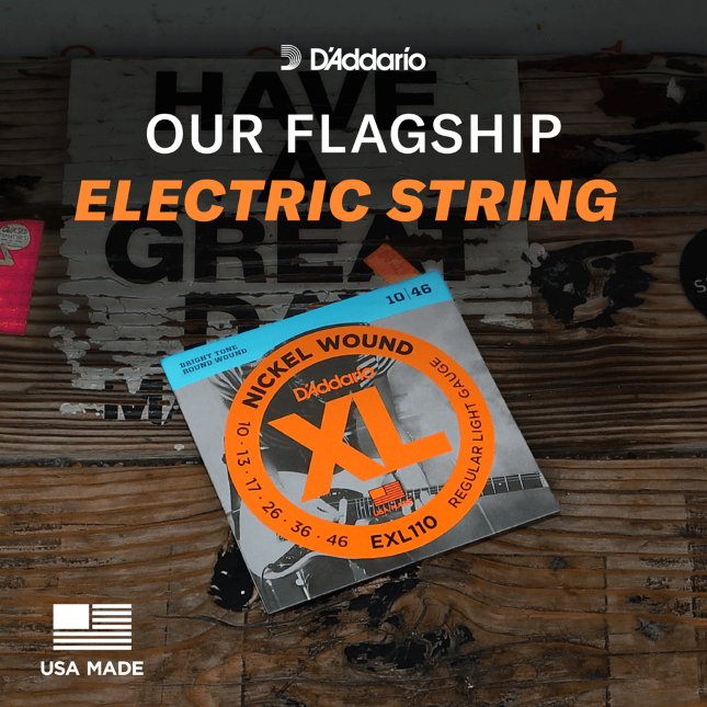D'Addario electric string package on a wooden surface with branding and text overlay.