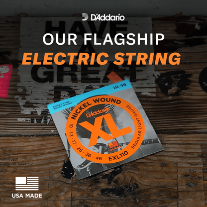 D'Addario electric string package on a wooden surface with branding and text overlay.